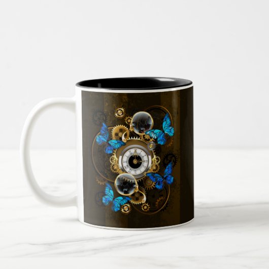 Steampunkgeere und blaue Schmetterlinge Zweifarbige Tasse (Links)