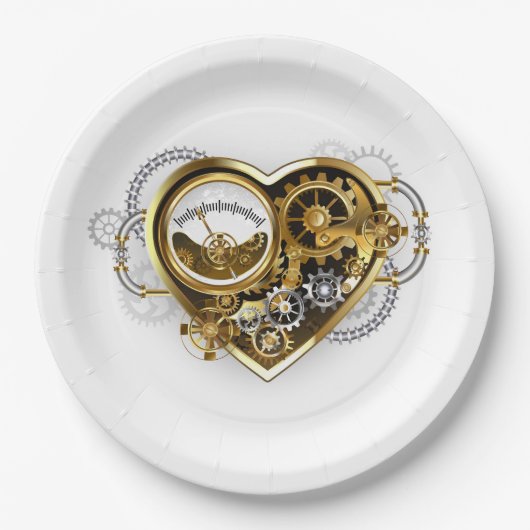 Steampunkherz mit Manometer Pappteller (Vorderseite)