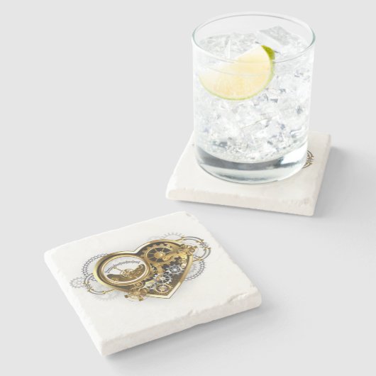 Steampunkherz mit Manometer Steinuntersetzer (Seitenansicht)