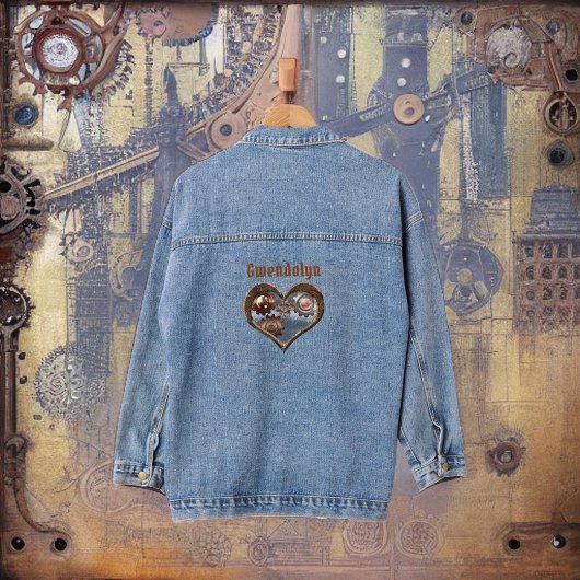 Steampunkherz und Geflügel mit Monogrammname Jeansjacke