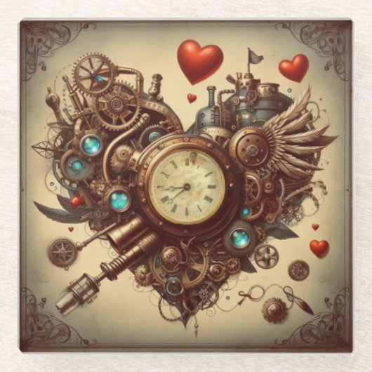 Steampunkherz/Valentinstag Glasuntersetzer (Vorderseite)