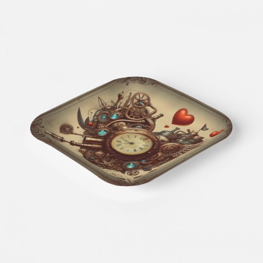 Steampunkherz/Valentinstag Pappteller (Gewinkelt)