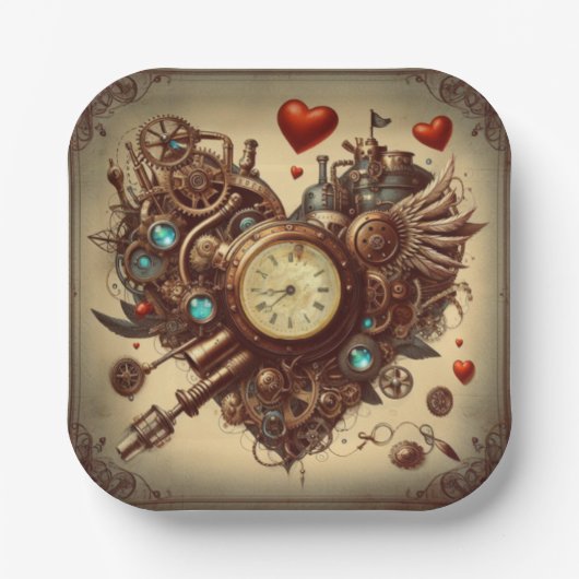 Steampunkherz/Valentinstag Pappteller (Vorderseite)