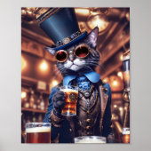 Steampunkkatze, grau, mit Oberhut, Brille, Bier - Poster (Vorne)