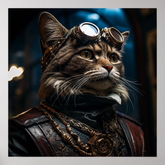 Steampunkkatze in Uniform Retro Poster (Vorne)
