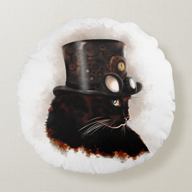 Steampunkkatze Rundes Kissen (Vorderseite)