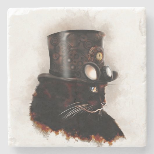 Steampunkkatze Steinuntersetzer (Vorderseite)