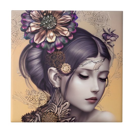 SteampunkPrinzessin mit kugelfarbener Blume Fliese (Vorderseite)