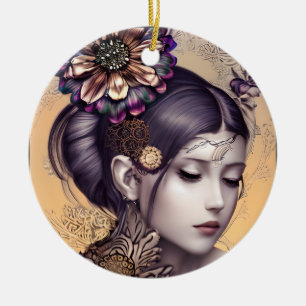 SteampunkPrinzessin mit kugelfarbener Blume Keramik Ornament