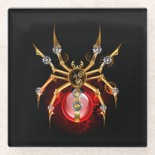 Steampunkspinne auf schwarz glasuntersetzer (Vorderseite)