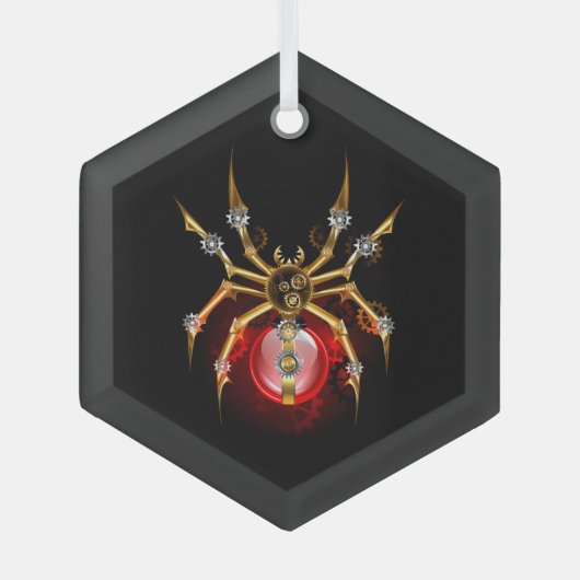Steampunkspinne auf schwarz ornament aus glas (Vorderseite)