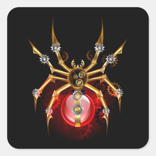 Steampunkspinne auf schwarz quadratischer aufkleber (Vorderseite)