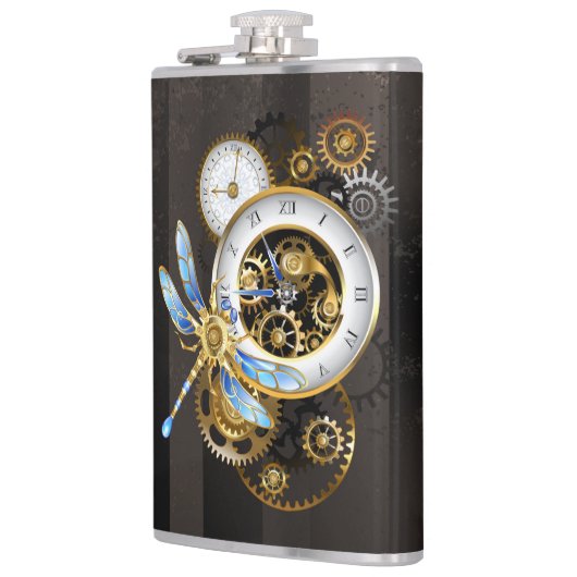 Steampunkuhr mit mechanischem Drachenfliegen Flachmann (Links)