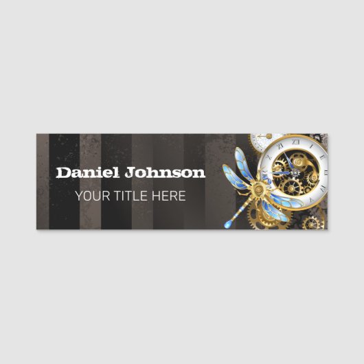 Steampunkuhr mit mechanischem Drachenfliegen Namensschild (Vorderseite)