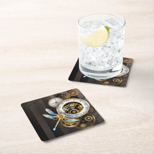 Steampunkuhr mit mechanischem Drachenfliegen Rechteckiger Pappuntersetzer (Vor Ort)