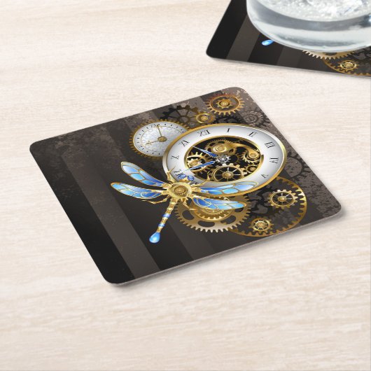 Steampunkuhr mit mechanischem Drachenfliegen Rechteckiger Pappuntersetzer (angewinkelt)
