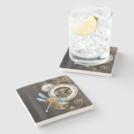 Steampunkuhr mit mechanischem Drachenfliegen Steinuntersetzer (Seitenansicht)