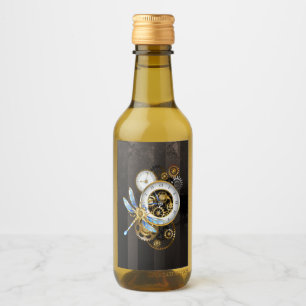 Steampunkuhr mit mechanischem Drachenfliegen Weinetikett