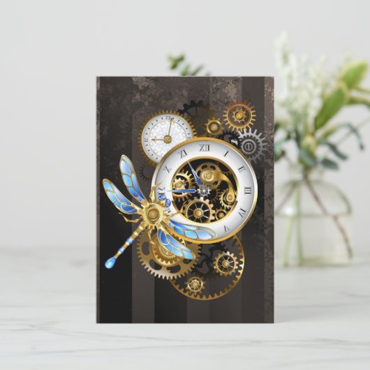 Steampunkuhr mit mechanischer Libelle Ankündigung (Stehend Vorderseite)
