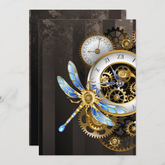 Steampunkuhr mit mechanischer Libelle Ankündigung (Vorne/Hinten)