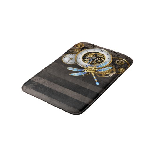 Steampunkuhr mit mechanischer Libelle Badematte (Schrägansicht)