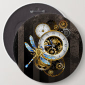 Steampunkuhr mit mechanischer Libelle Button (Vorne & Hinten)