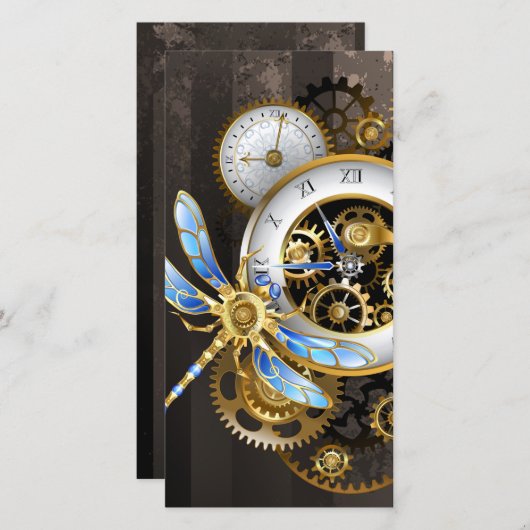 Steampunkuhr mit mechanischer Libelle Dankeskarte (Vorne/Hinten)