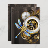 Steampunkuhr mit mechanischer Libelle Einladung (Vorne/Hinten)