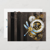 Steampunkuhr mit mechanischer Libelle Einladungspostkarte (Vorne/Hinten)