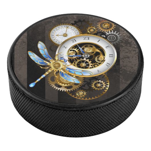 Steampunkuhr mit mechanischer Libelle Eishockey Puck (3/4)