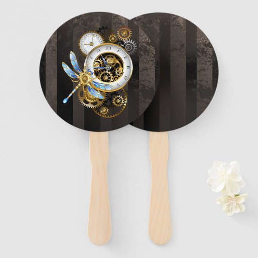 Steampunkuhr mit mechanischer Libelle Fächer (Vorne und Hinten)
