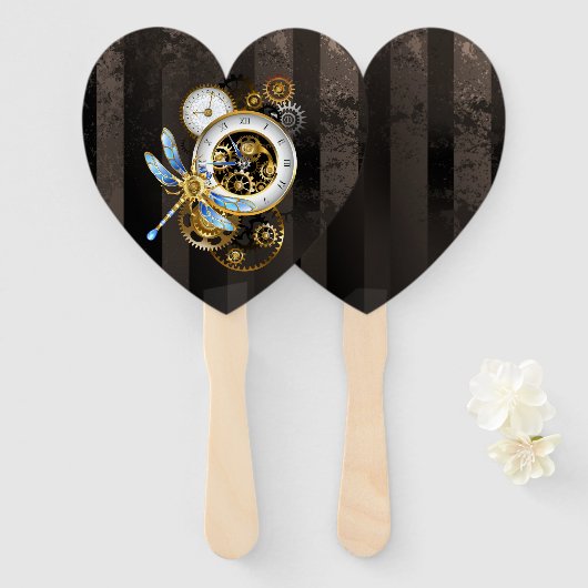 Steampunkuhr mit mechanischer Libelle Fächer (Vorne und Hinten)