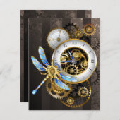 Steampunkuhr mit mechanischer Libelle Feiertagskarte (Vorne/Hinten)