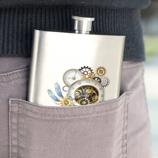 Steampunkuhr mit mechanischer Libelle Flachmann (Beispiel)