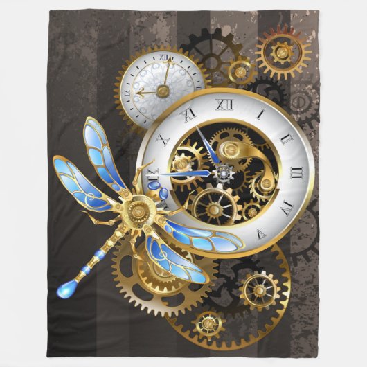 Steampunkuhr mit mechanischer Libelle Fleecedecke (Vorderseite)