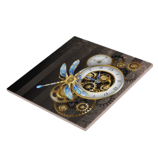 Steampunkuhr mit mechanischer Libelle Fliese (Seite)