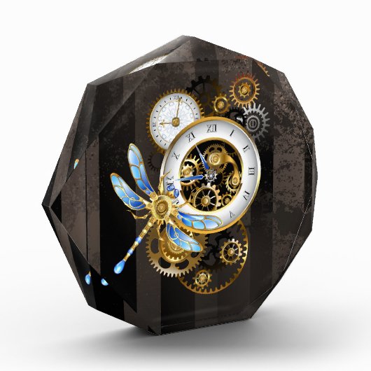 Steampunkuhr mit mechanischer Libelle Fotoblock (Links)