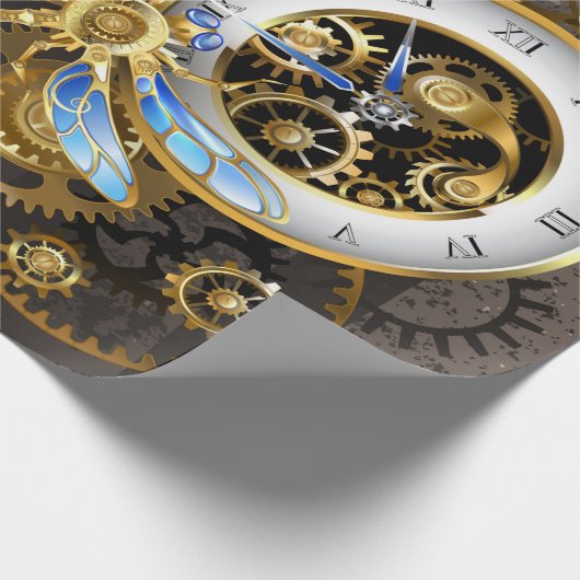 Steampunkuhr mit mechanischer Libelle Geschenkpapier (Ecke)