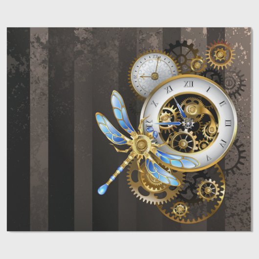 Steampunkuhr mit mechanischer Libelle Geschenkpapier (Flach)