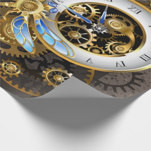 Steampunkuhr mit mechanischer Libelle Geschenkpapier (Ecke)