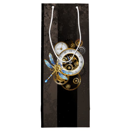 Steampunkuhr mit mechanischer Libelle Geschenktüte Für Weinflaschen (Rückseite)