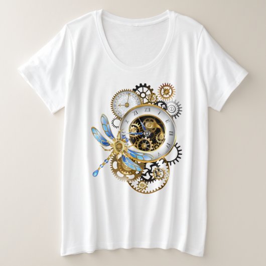 Steampunkuhr mit mechanischer Libelle Große Größe T-Shirt (Design vorne)