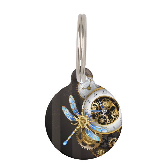 Steampunkuhr mit mechanischer Libelle Haustiermarke (Vorderseite)