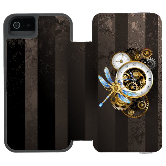 Steampunkuhr mit mechanischer Libelle Incipio iPhone Geldbeutel-Hülle (Folio Geöffnet)