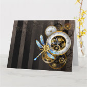 Steampunkuhr mit mechanischer Libelle Karte (Gelbe Blume)