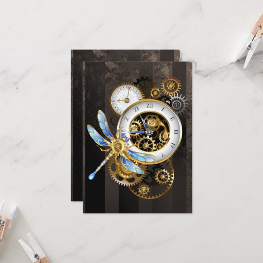 Steampunkuhr mit mechanischer Libelle Karte (Vorderseite/Rückseite Beispiel)