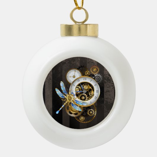 Steampunkuhr mit mechanischer Libelle Keramik Kugel-Ornament (Vorderseite)