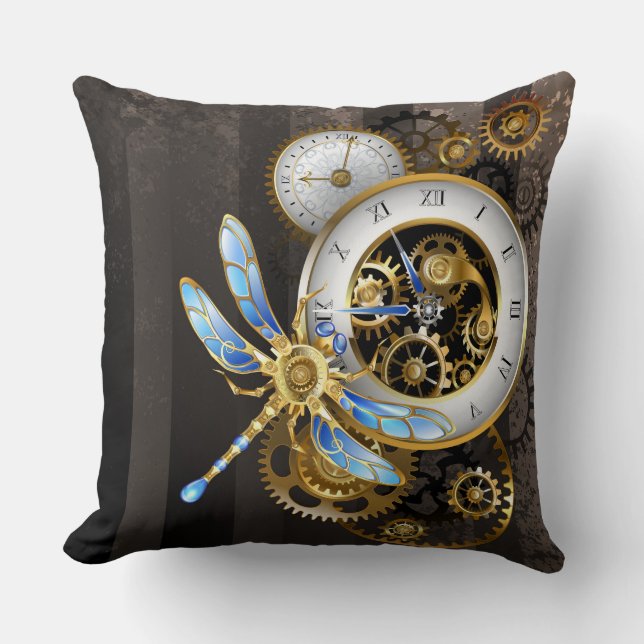 Steampunkuhr mit mechanischer Libelle Kissen (Vorderseite)