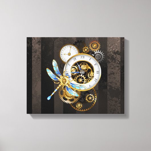 Steampunkuhr mit mechanischer Libelle Leinwanddruck (Vorderseite)