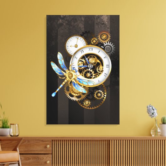 Steampunkuhr mit mechanischer Libelle Leinwanddruck (Insitu (Wohnzimmer))